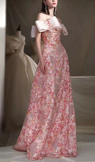 SEQUIN STRAPLESS FLORAL MAXI DRESS