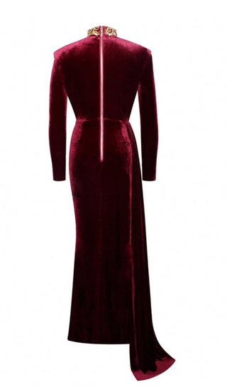 ZENAIDA BURGUNDY CUTOUT HIGH SLIT VELVET GOWN Dresses styleofcb 