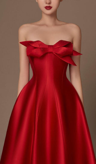 RED FLARED SEMI-HEART NECK TAFFETA MIDI DRESS