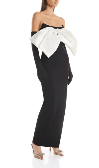 WHITE BOW BLACK MAXI DRESS