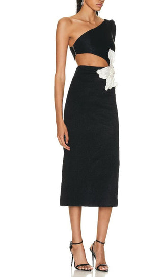 BLACK ONE SHOULDER MAXI DRESS WITH FLOWER APPLIQUE