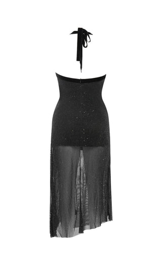 DRAPED FRONT BACKLESS SPLIT THIGH GLITTER HALTER DRESS