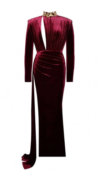 ZENAIDA BURGUNDY CUTOUT HIGH SLIT VELVET GOWN Dresses styleofcb 