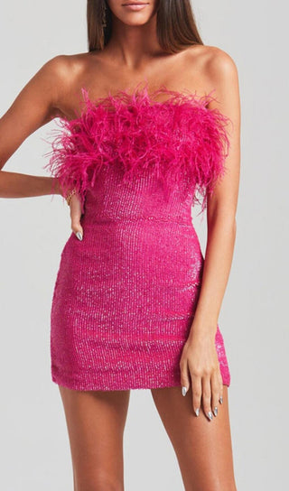 SEQUIN FEATHER STRAPLESS MINI DRESS IN PINK styleofcb 