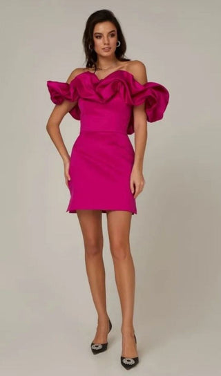 SATIN A-LINE NECKLINE POD RUFFLE MINI DRESS IN PINK styleofcb 