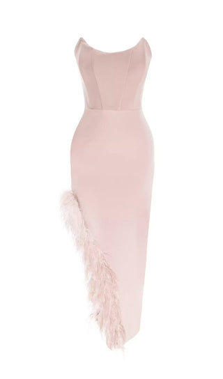 FEATHER TRIM SPLIT MIDI DRESS IN BUBBLEGUM