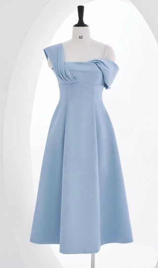 HAZE BLUE OBLIQUE SHOULDER MIDI DRESS