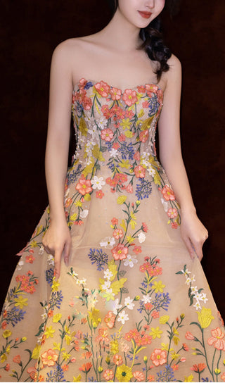 STRAPLESS TEA LENGTH FLORAL MIDI DRESS