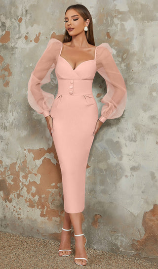 MESH SLEEVE BODYCON MIDI DRESS IN BLUSH PINK