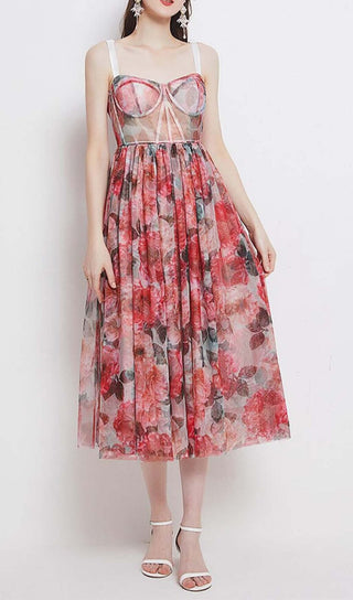 FLORAL-PRINT CORSET MIDI DRESS IN PINK DRESS STYLE OF CB 