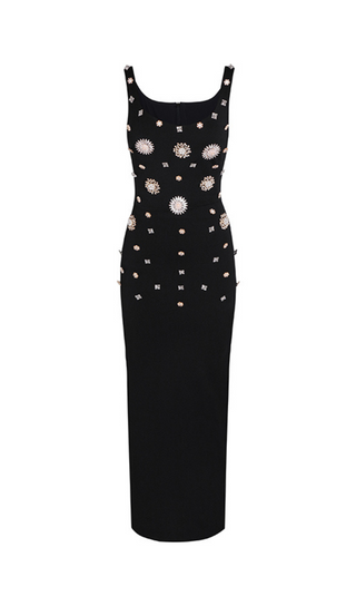 BROOCH-EMBELLISHED SCOOPNECK GOWN IN BLACK