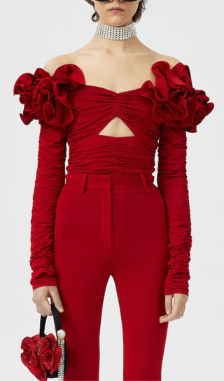 FLOWER ONE -LINE SHOULDER PLEATED BACKLESS TOP IN RED styleofcb 