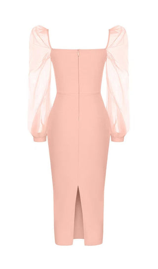 MESH SLEEVE BODYCON MIDI DRESS IN BLUSH PINK