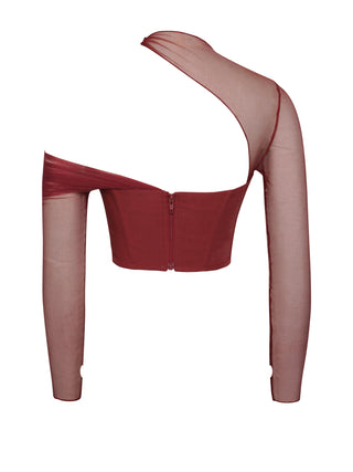 MIAH BURGUNDY STRETCH MESH SLEEVE CORSET TOP Tops styleofcb 