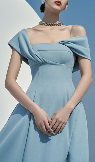 HAZE BLUE OBLIQUE SHOULDER MIDI DRESS