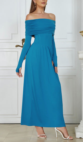 BLUE STRAPLESS LONG SLEEVE MAXI DRESS