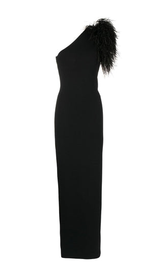 BLACK ONE SHOULDER COLUMN GOWN WITH FEATHERS