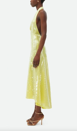 SEQUIN HALTER NECK A-LINE BACKLESS MIDI DRESS