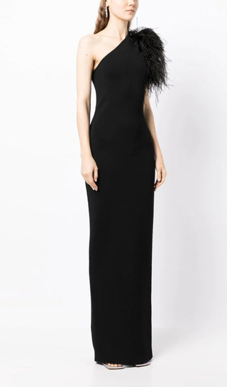 BLACK ONE SHOULDER COLUMN GOWN WITH FEATHERS