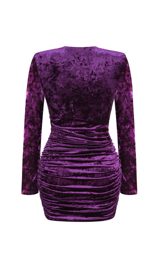 PURPLE V NECK RUCHED VELVET MINI DRESS