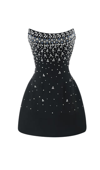 CRYSTAL BEADING STRAPLESS MINI DRESS IN BLACK