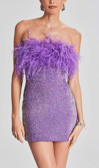 SEQUIN FEATHER STRAPLESS MINI DRESS IN PURPLE styleofcb 