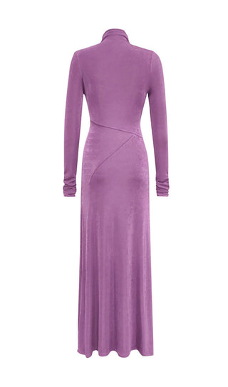 PURPLE LONG-SLEEVED HALTER NECK TIGHT FISHTAIL DRESS