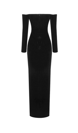 BLACK LONG SLEEVE LACE VELVET MAXI DRESS