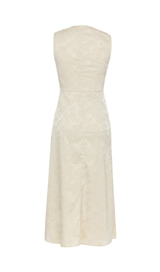 CHAMPAGNE RUCHED JACQUARD SLEEVELESS MIDI DRESS