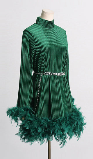 LONG SLEEVE FEATHER VELVET DRESS WITH BELT