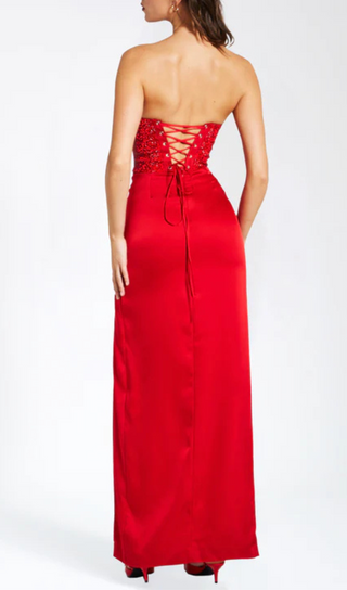 RED CRYSTAL HIGH SLIT SATIN CORSET GOWN