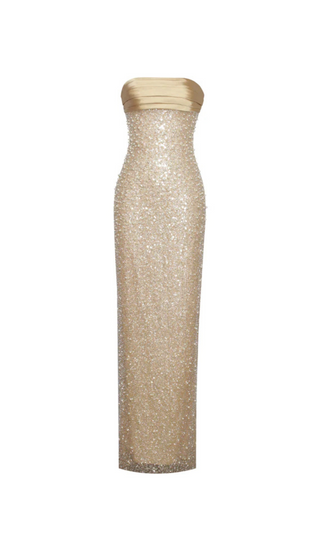 GOLD SATIN SEQUIN PEARLS BEADED MAXI DRESS