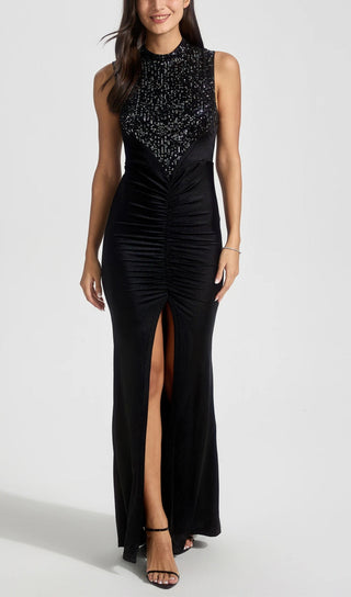 SEQUIN GATHERED BODYCON MAXI DRESS IN BLACK