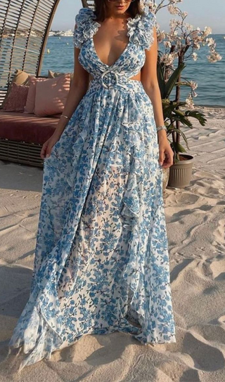 RUFFLED FLORAL CUTOUT MAXI DRESS IN BLUE