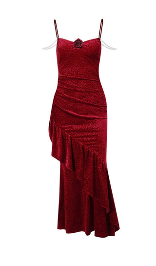 RUFFLED BODYCON SUSPENDER MAXI DRESS IN RED