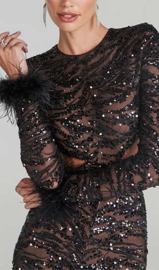 BLACK SEXY BACKLESS SEQUINED FEATHER JUMPSUIT