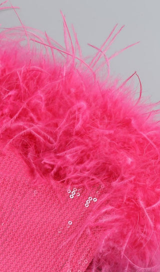 SEQUIN FEATHER STRAPLESS MINI DRESS IN PINK styleofcb 