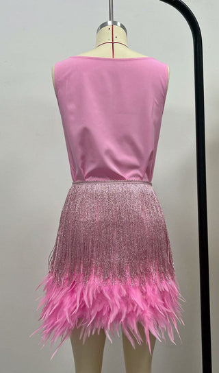 SHINY FRINGE FEATHER MINI DRESS IN PINK styleofcb 