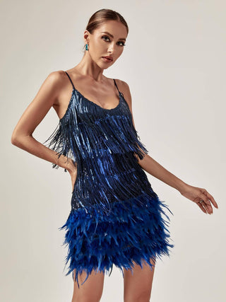 Austyn Tassel Feather Mini Dress In Royal Blue Dresses styleofcb 