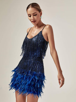 Austyn Tassel Feather Mini Dress In Royal Blue Dresses styleofcb 