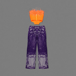 ORANGE FEATHER TUBE TOP & PURPLE SEQUINED TROUSERS TWO-PIECE SUIT