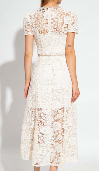 CREAM EMBELLISHED FLORAL LACE MIDI DRESS