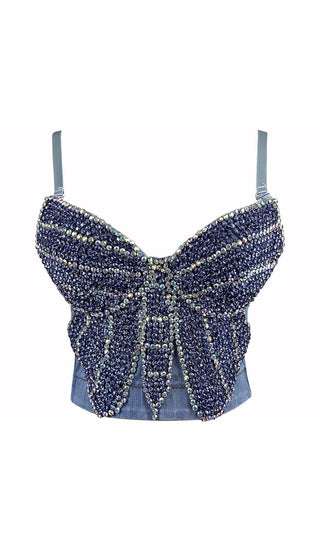 BOW-EMBELLISHED DENIM CROPPED TOP IN NAVY BLUE DRESS STYLE OF CB 