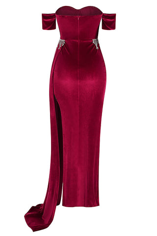 BURGUNDY VELVET OFF SHOULDER SIDE TAIL SLIT MAXI DRESS styleofcb 