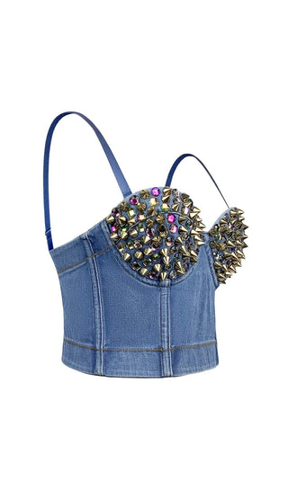 DENIM CRYSTAL CROPPED TOP IN BLUE DRESS STYLE OF CB 