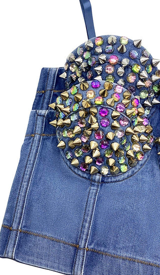 DENIM CRYSTAL CROPPED TOP IN BLUE DRESS STYLE OF CB 