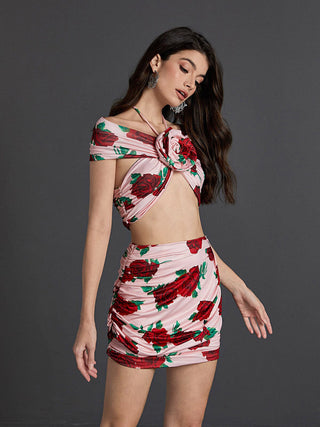 HALTERNECK ROSE PRINTED SKIRT SET Sets styleofcb 