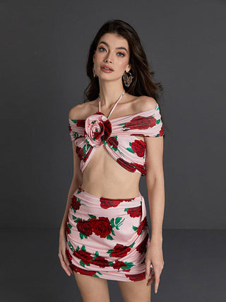 HALTERNECK ROSE PRINTED SKIRT SET Sets styleofcb 