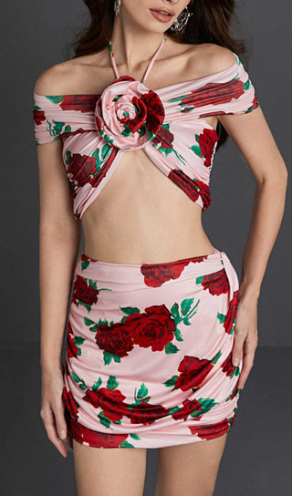 HALTERNECK ROSE PRINTED SKIRT SET Sets styleofcb 