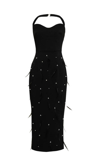 FEATHER RHINESTONES BODYCON MIDI DRESS IN BLACK DRESS styleofcb 